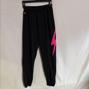 Aviator Nation Bolt Sweatpants Joggers black with Pink Neon Lightning Bolt Small